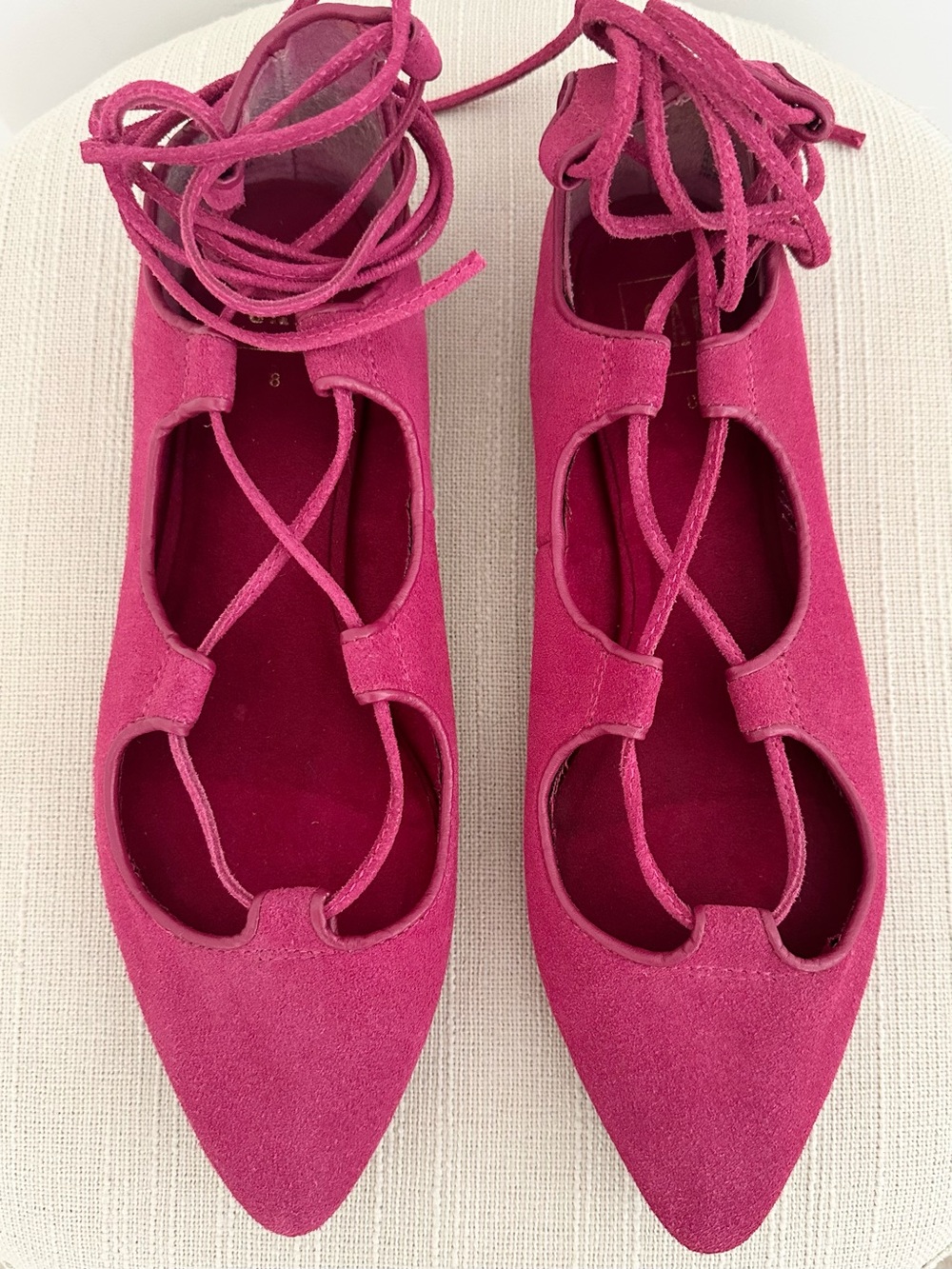 Hot Pink Lace-Up Pointed Toe Faux Suede Ballet Flats